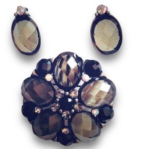 Gorgeous pin & earrings set Smokey GRAY Crystal brooch set NWT